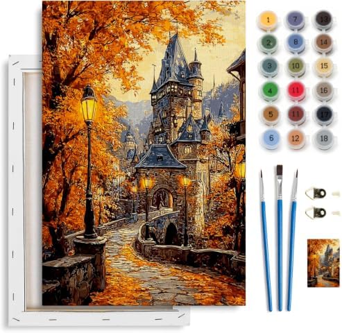 Spandrel Autumn Scenery Framed Paint by Numbers Kit for Adult Castle, Adult Paint by Number Kits on Canvas Landscape, DIY Acrylic Oil Easy Fall Painting by Numbers for Home Wall Decor, 8x12in by Unknown