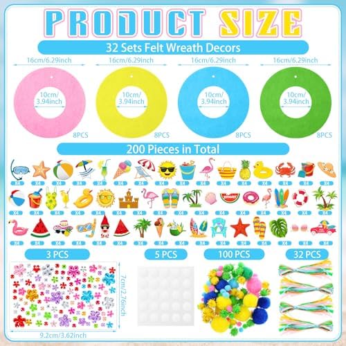 32 Sets Summer Hawaii Crafts Kits DIY Felt Wreath Making Kits Tropical Beach Crafts with Flamingo Palm Pineapple Watermelon Surfboard Stickers for Party Decorations Home - Image 3