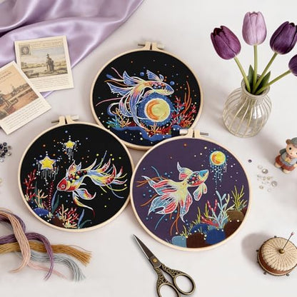 Uniartfy 3 Sets Hand Embroidery Starter Kits for Beginners Adults, Goldfish Stamped Cross Stitch Kit, DIY Needlepoint Kit with Cloth, Hoop,Threads and Instruction, Easy to Learn Embroidery Starter Kit - Image 5