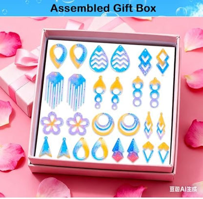 204Pcs Geometric Resin Earring Mold Kit - 4 Reusable Dual-Cavity Silicone Earring Molds for Epoxy Resin Jewelry Making with 200 Ear Hooks Jump Rings - Make Dangle Drop Charms, Keychains, Pendants - Image 5