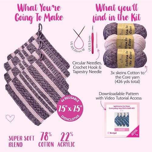 KnitPal Dishcloth Knitting Kit for Beginners (Plum Purple + Blush Pink) - Image 3