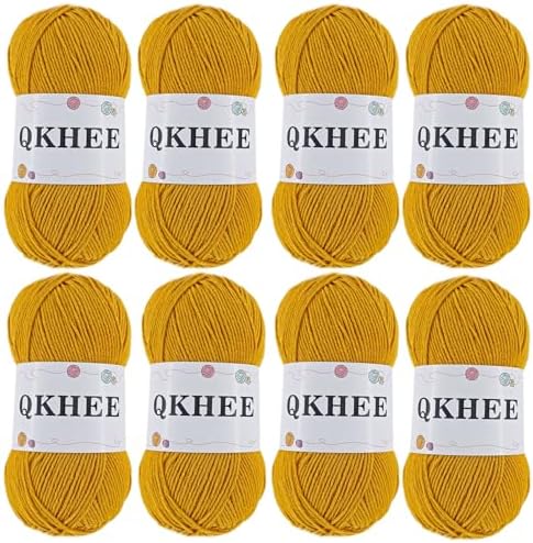 QKHEEYarn for Crocheting and Knitting 8 * 1.76 Oz (50G) /195yd,Fine/Fingering Weight (1), 60% Cotton 40% Acrylic Soft Yarn kit for Making Granny Squares and amigurumi (48#Gold) by QKHEE