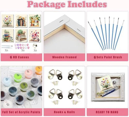 SYDYLH 6 Pack Framed Paint by Numbers for Adult, Books Easy Paint by Numbers with Frame, DIY Flowers Acrylic Adult Painting by Number Kits on Canvas for Gift Decor 8 x 8 Inch - Image 6