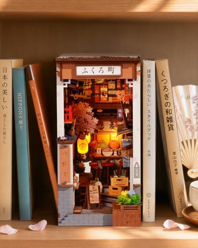 Rolife 3-4 hrs Beginner Friendly Book Nook, Sakura Wine Alley with Infinity Mirror Depth, 3D Wooden Puzzle Bookshelf Insert, LED Miniature Dollhouse Kit, Japanese Decor Gift for Adults - Image 6