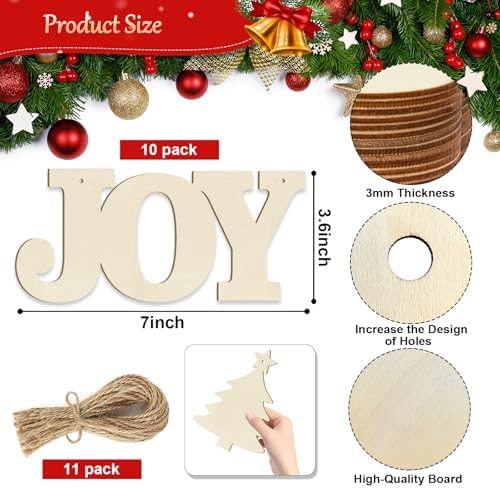Large Christmas Wooden Ornaments to Paint 10Pcs, DIY Blank Unfinished Joy Wood Cutout Ornament for Crafts Hanging Decorations, Thanksgiving Wedding Birthday Party Decoration - Image 7