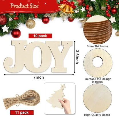 Large Christmas Wooden Ornaments to Paint 10Pcs, DIY Blank Unfinished Joy Wood Cutout Ornament for Crafts Hanging Decorations, Thanksgiving Wedding Birthday Party Decoration - Image 7