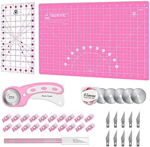 Headley Tools Rotary Cutter Set - 45mm Fabric Cutter, 5 Replacement Rotary Blades, A3 Cutting Mat, Quilting Ruler and Sewing Clips, Craft Knife Set, Ideal for Crafting, Sewing, Patchworking, Pink by HeadleyTools