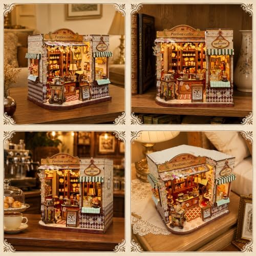 Book Nook DIY Miniature House Kit, 3D Wooden Puzzle Coffee House Dollhouse with Light & Tools, Creative Bookshelf Insert Craft Gifts for Adults Teens (Pavilion Coffee House) - Image 4