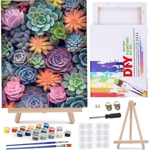 MaiMMaledy Paint by Numbers Kit for Adults Beginners 8Wx12L inch Canvas Pictures with Framed Drawing Painting Works with Wooden Triangle Easel Acrylic Pigment Succulents by MaiMMaledy
