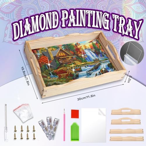 EWJRNSF Diamond Art Kits for Adults Wooden Serving Trays with Handles, 5D Diamond Painting Big Gem Arts and Craft Gifts Trays Decor Gift Home Decor 7.8x11.8 Inches Landscape A - Image 2