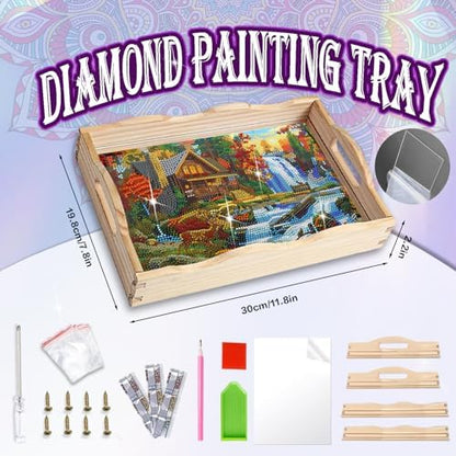 EWJRNSF Diamond Art Kits for Adults Wooden Serving Trays with Handles, 5D Diamond Painting Big Gem Arts and Craft Gifts Trays Decor Gift Home Decor 7.8x11.8 Inches Landscape A - Image 2