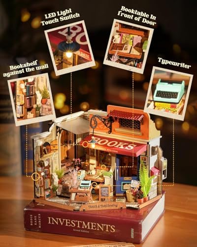 Rowood Miniature House Kit,Mother's Day Mini House Building Kit with LED,DIY Dollhouse Craft Kits for Adults,Birthday for Women Ages 14+(Corner Bookstore) - Image 4