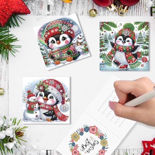 jinglinhh 6pcs Diamond Art Painting Christmas Penguin Snowman Aurora Greeting Cards with Envelopes, DIY Card Making Kits for Adults, Diamond Art Postcards Holiday Cards Craft Gifts - Image 5