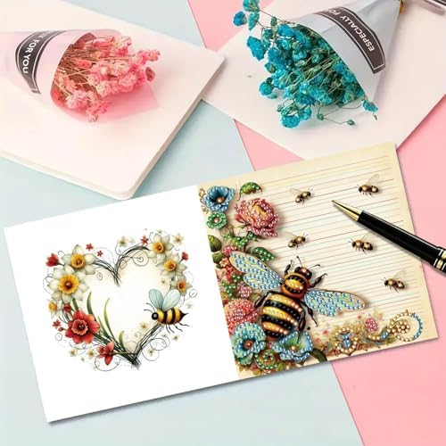 6Pcs Folding Greeting Card Diamond Art Painting Thank You Blessing Cards with White Envelope Rhinestones Painted Making Kits for Adults DIY Craft Holiday Gift-Bee - Image 5