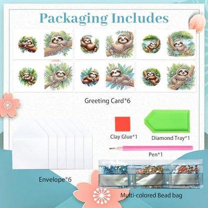 antor 6-Pack Sloth Diamond Art Greeting Cards – DIY 5D Diamond Painting Greeting Card Kits for Adults with Envelopes, Relaxing Rhinestone Card Kit Featuring Cute Hanging Sloths on Tree Branches - Image 3