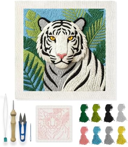 INFUNLY White Tiger Punch Needle Kits for Adults Beginners Green Leaves Needle Embroidery Starter Kit Tiger DIY Punch Needles Kit with Instruction Needles Fabric for Art Craft Festival Gift Home Decor by INFUNLY