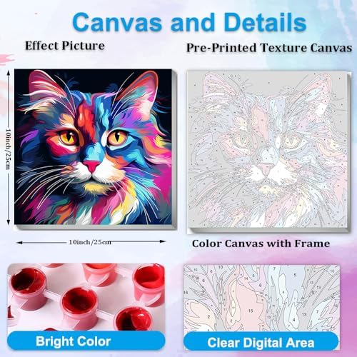 Artunion Framed Paint by Numbers Kit for Adults Beginners & Kids Ages 8-12,Colorful Cat Paint by Number with Frame,Easy Acrylic Paint by Numbers Kit on Canvas 10 * 10 Inch Without Easel - Image 3