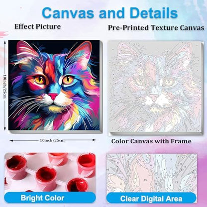 Artunion Framed Paint by Numbers Kit for Adults Beginners & Kids Ages 8-12,Colorful Cat Paint by Number with Frame,Easy Acrylic Paint by Numbers Kit on Canvas 10 * 10 Inch Without Easel - Image 3
