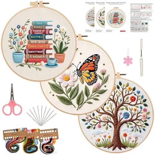 FEIYUENO 3 Sets Embroidery Stitch Kit for Beginners Adults (Tree Book) by FEIYUENO