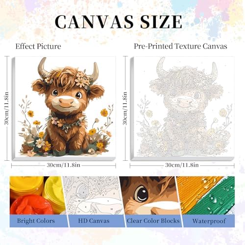 Framed Paint by Numbers Kit for Adults Beginner, Highland Cow Easy Paint by Numbers with Frame, Highland Cow Acrylic Adult Painting by Number Kits on Canvas Framed for Gift Home Decor 12x12 Inch - Image 3