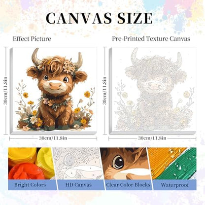 Framed Paint by Numbers Kit for Adults Beginner, Highland Cow Easy Paint by Numbers with Frame, Highland Cow Acrylic Adult Painting by Number Kits on Canvas Framed for Gift Home Decor 12x12 Inch - Image 3