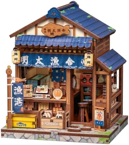 DIY Miniature Dollhouse Kit for Beginners, Fish Shop 3D Wooden Puzzle, 129 PCS, Palm Size Mini House Model Building Kit, Japan Booknook Diorama Kit, Bookshelf Home Decor, Adult Crafts Gift by EndlessLimit