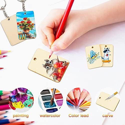 Happyay 30Pcs Unfinished Wood Pieces, Rectangle Wood Pieces with 30 Pcs Key Rings and Hemp Rope, for Craft Projects, Hanging Decorations, Painting, Laser Engraver - Image 2