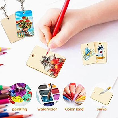 Happyay 30Pcs Unfinished Wood Pieces, Rectangle Wood Pieces with 30 Pcs Key Rings and Hemp Rope, for Craft Projects, Hanging Decorations, Painting, Laser Engraver - Image 2