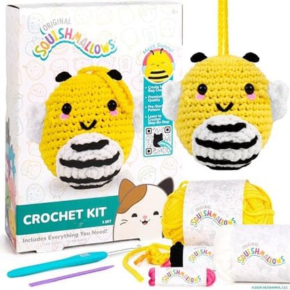 Original Squishmallows™ Crochet Kit – Sunny Bag Charm, Bumblebee Crochet Kit for Beginners with Yarn, Starter Hooks, Step-by-Step Tutorials, DIY Craft, Great Teen Gifts by HorizonGroupUSA