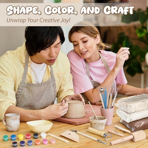 25 Pcs Air-Dry 3 Colors Clay Pottery Kit for Beginners Includes 3.31 lb Dry Clay for Adults Air Pottery Tools, Paints, Brushes Modeling DIY Kit for Christmas - Image 6