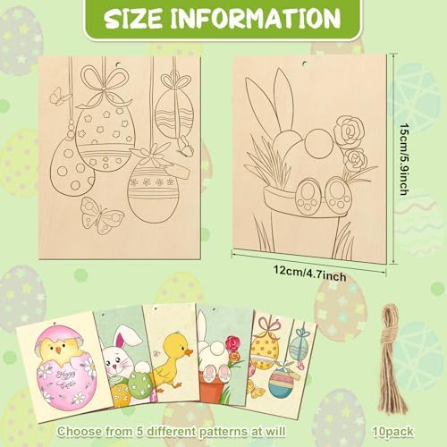 COCHIE 10 Pieces Large Easter Unfinished Wood Crafts to Paint for Adults, Bulk Predrilled Wooden Ornaments for Painting, Bunny Duck Eggs Paintable Wood Slices Craft Supplies with Ropes - Image 2