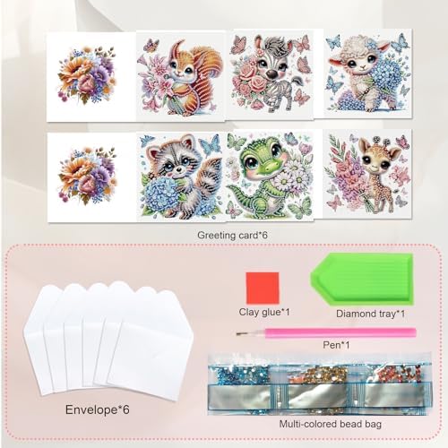 JISHSHAY 6 PCS Diamond Art Greeting Cards Animal Diamond Painting Birthday Cards Animal Gem Art Gem Painting Mosaic Kits for Adults for Thanksgiving Anniversary Valentine Graduation All-Occasion - Image 3