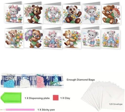 jinglinhh 12pcs Diamond Art Painting Flower Bear Greeting Cards with Envelopes, DIY Card Making Kits for Adults, Diamond Art Christmas Cards for Birthday Holiday Postcards Craft Gifts - Image 3