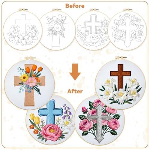BEUNITONE 4Set Cross and Flowers Pattern Embroidery Kit for Adult Beginners - Image 4