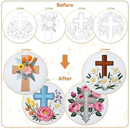 BEUNITONE 4Set Cross and Flowers Pattern Embroidery Kit for Adult Beginners - Image 4