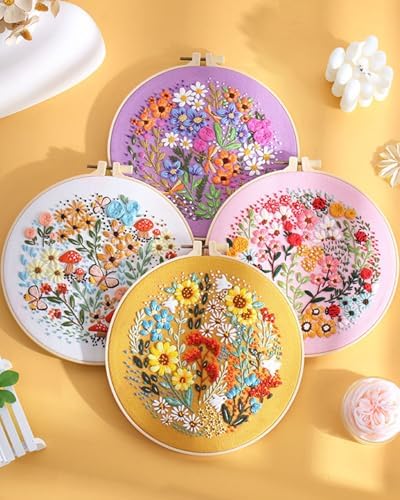 ERKOON 4 Sets Embroidery Kit for Beginners,Hummingbird and Flower Cross Stitch Set for Include Embroidery Cloth Hoops Threads for Craft Lover Hand Stitch (Flower) - Image 4