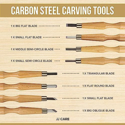 JJ CARE Wood Carving Kit [8 SK7 Carving Knives with Beechwood Handle, 10 Basswood Carving Blocks, Carrying Case, Whittling Book], Beginner Wood Carving Kit - Image 4