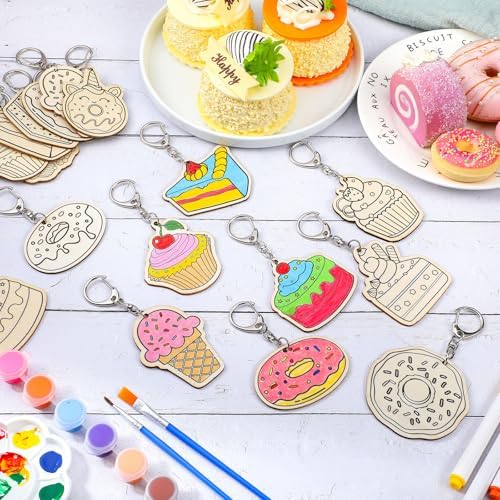 Trnayi 36 Pcs Dessert Unfinished Wood Keychain Color Your Own DIY Craft - Image 3