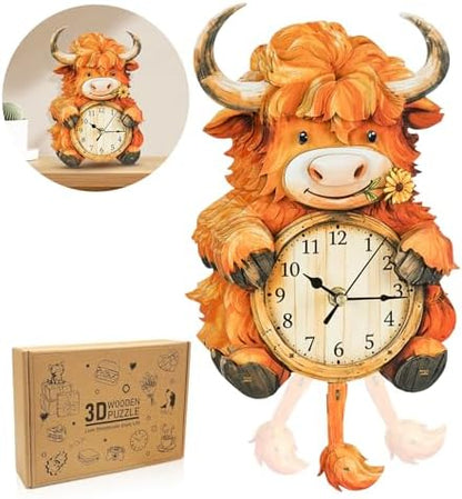 3D Puzzles for Adults Highland Cow Puzzle Clock Adult Crafts by Cutywood