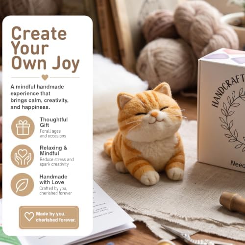 DIY Needle Felting Kit Cute Smiling Orange Tabby Cat – Needle Felting Starter Kit with Fiber Roving, Needles, Felting Pad & Instructions | Felted Cat Kit for Beginners Adults | DIY Craft Gift - Image 2