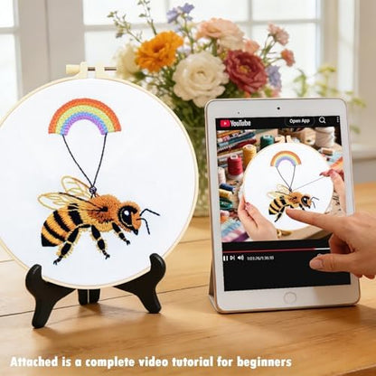 Crafmanoe Cute Bees Embroidery Kits for Beginners Adults, Hand Embroidery Starters Kits, Stamped Cross Stitch Kits DIY Needlepoint Kits for Beginners Adults, Embroidery Hoop, Thread and Video Tutorial - Image 4