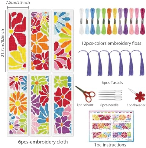 INFUNLY 6 Pcs Colorful Flower Cross Stitch Bookmark Kit with Tassels, Stamped Pre-Printed Floral Embroidery for Adults Beginners, DIY Tool Set with Floss Scissors Needles, Craft Gift for Book Lovers - Image 3