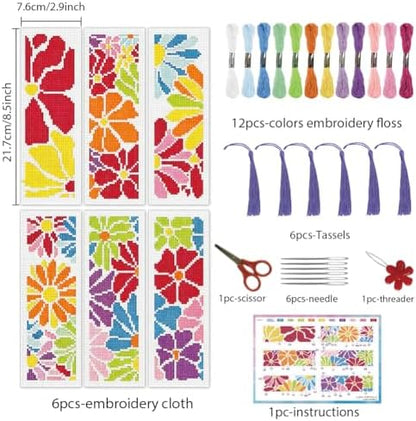 INFUNLY 6 Pcs Colorful Flower Cross Stitch Bookmark Kit with Tassels, Stamped Pre-Printed Floral Embroidery for Adults Beginners, DIY Tool Set with Floss Scissors Needles, Craft Gift for Book Lovers - Image 3