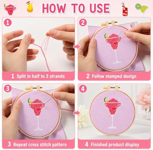ZOIIWA 6PCS Goblet Embroidery Kit for Beginners Adults Summer Cross Sewing Kits DIY Starter Hand Embroidery Kit with Needlepoint Patterns Hoop Threads Needles Instructions Craft Gift for Home Decor - Image 4