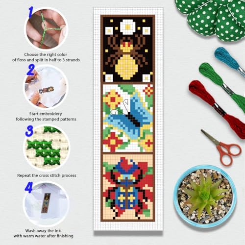 BEUNITONE 6 Pcs Insects Cross Stitch Bookmark Kits for Beginners Bookmark with Butterflies Dragonflies Pattern Counted Cross Stitch DIY Stamped Embroidery with Instructions for Book Lover 8''x2.4'' - Image 4