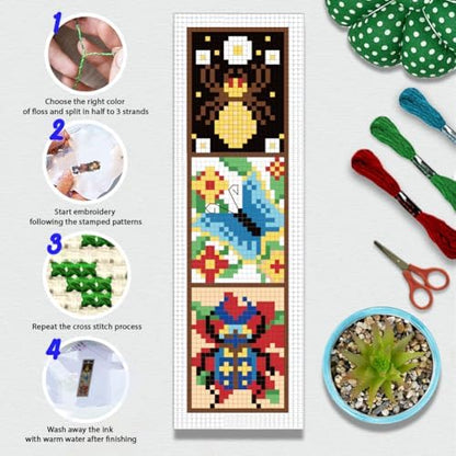 BEUNITONE 6 Pcs Insects Cross Stitch Bookmark Kits for Beginners Bookmark with Butterflies Dragonflies Pattern Counted Cross Stitch DIY Stamped Embroidery with Instructions for Book Lover 8''x2.4'' - Image 4