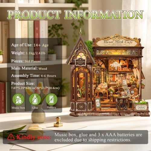 CRIOLPO Book Nook Kit for Adults Floral Coffee Shop House with LED Light - Image 7