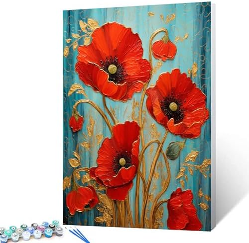 Aihonmin Beautiful Blossom Floral Paint by Number for Adult and Kids Beginner,red Petal Canvas Oil Painting Kit Digital Painting,Vintage Watercolor Living Room Decoration,(Without Frame by Aihonmin