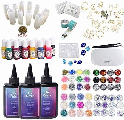 Newest Formula UV Resin Kit with Silicone Molds, Lamp, Coloring Inks, Open Back Bezels & Tapes, Tweezer, Holographic Glassine Glitter & Nacre Shell Pieces for Resin Jewelry Making, Resin Crafts DIY by VidaRosa