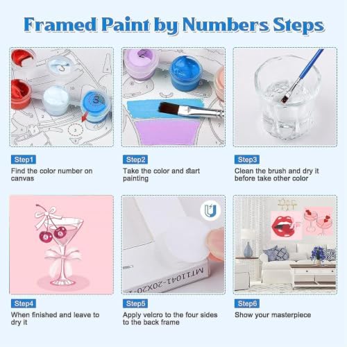 6 Pack Framed Adult Paint by Number Beginners with Wooden Easel,Pink Vintage Paint by Numbers Kit for Adults,Retro DIY Acrylic Paint Kit with Frame,Easy Paint by Numbers Canvas for Decor 8x8 inch - Image 7